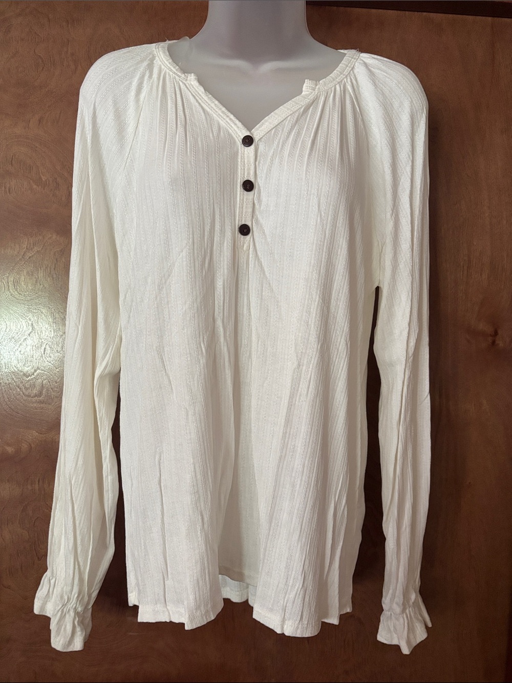 Pulse White Long-Sleeve Button Henley Blouse